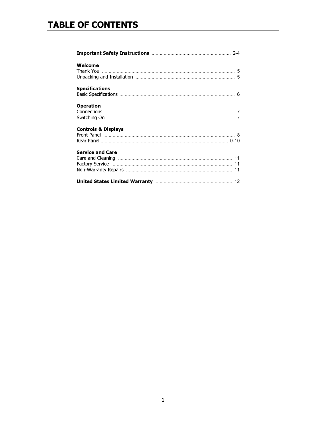 Cary Audio Design CAA 1 owner manual Table of Contents 