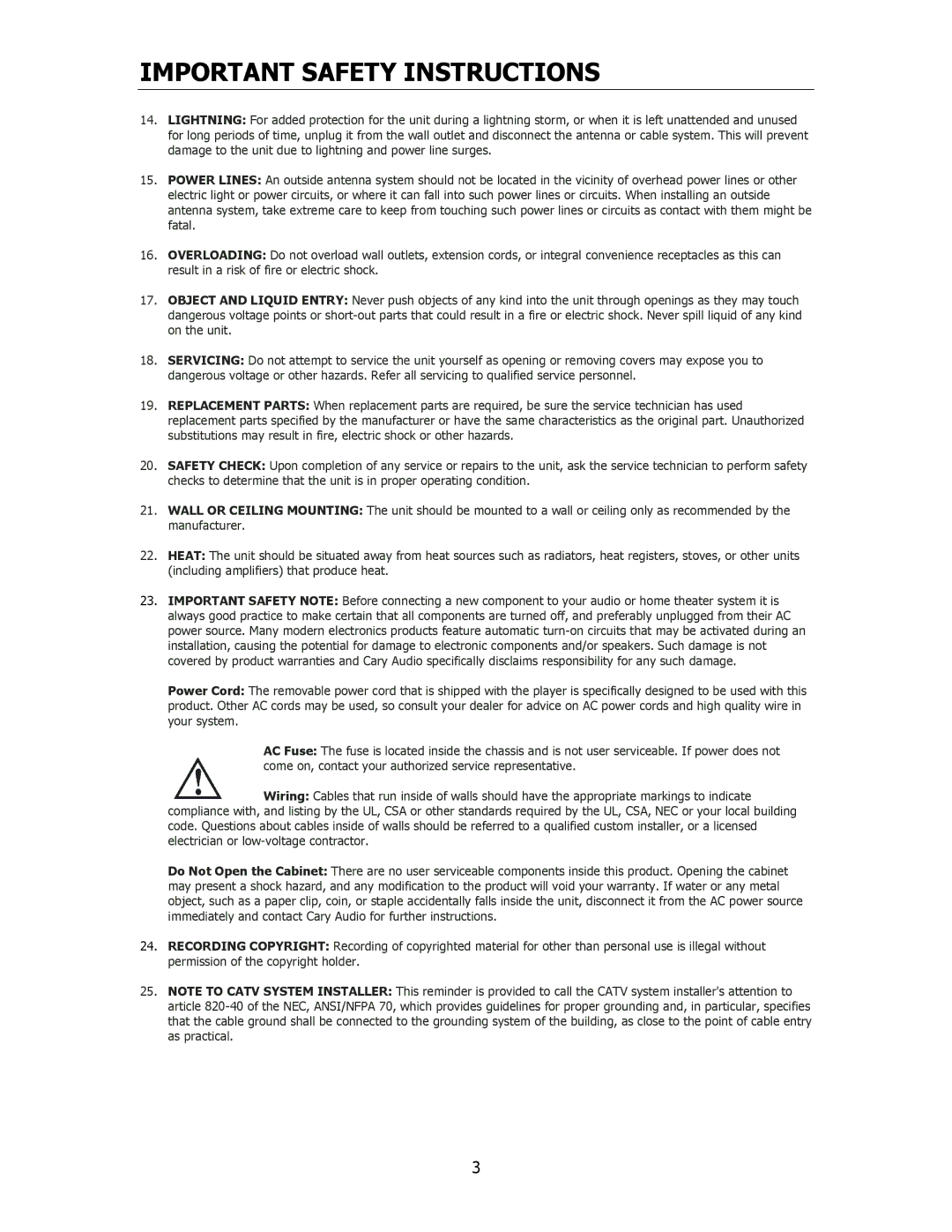 Cary Audio Design CAA 1 owner manual Important Safety Instructions 