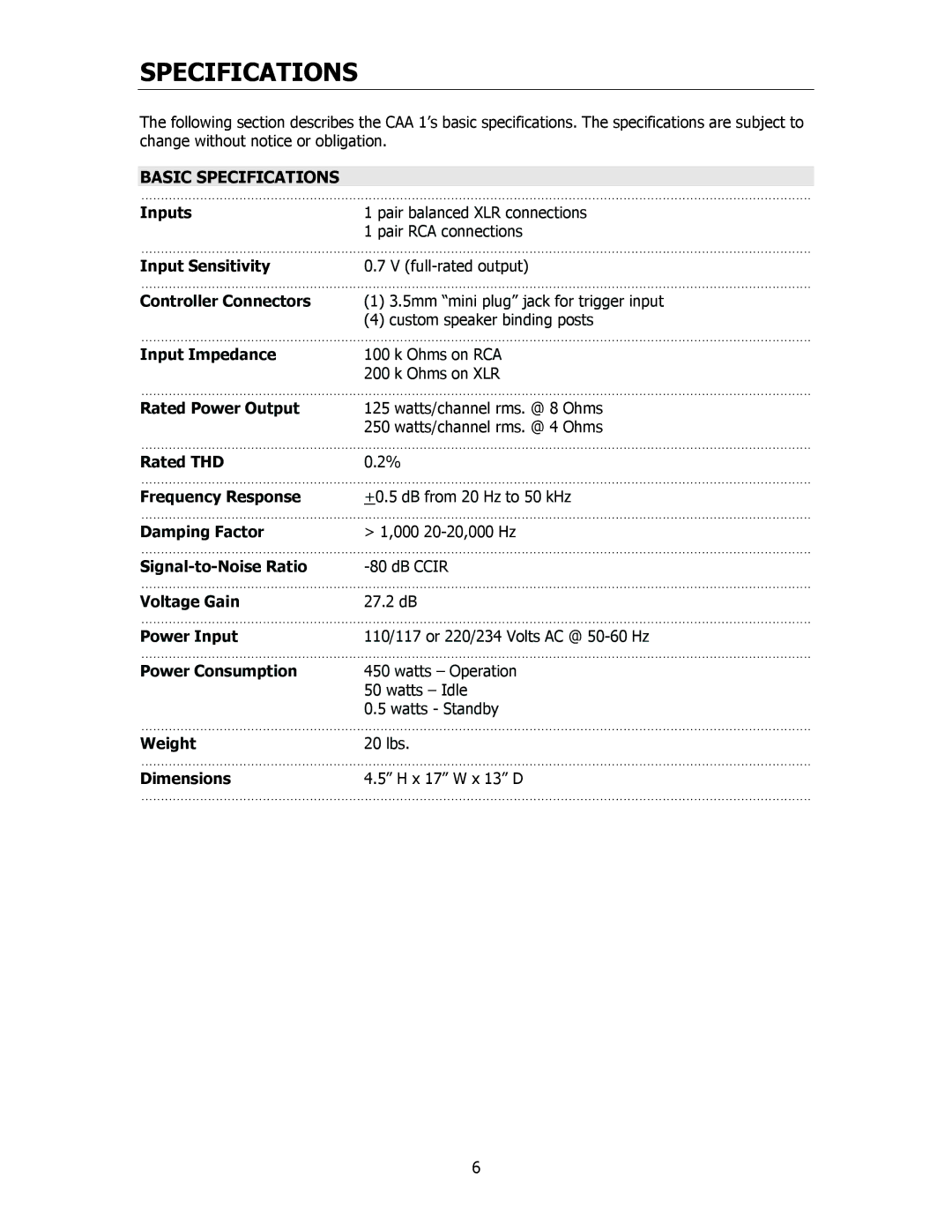 Cary Audio Design CAA 1 owner manual Basic Specifications 