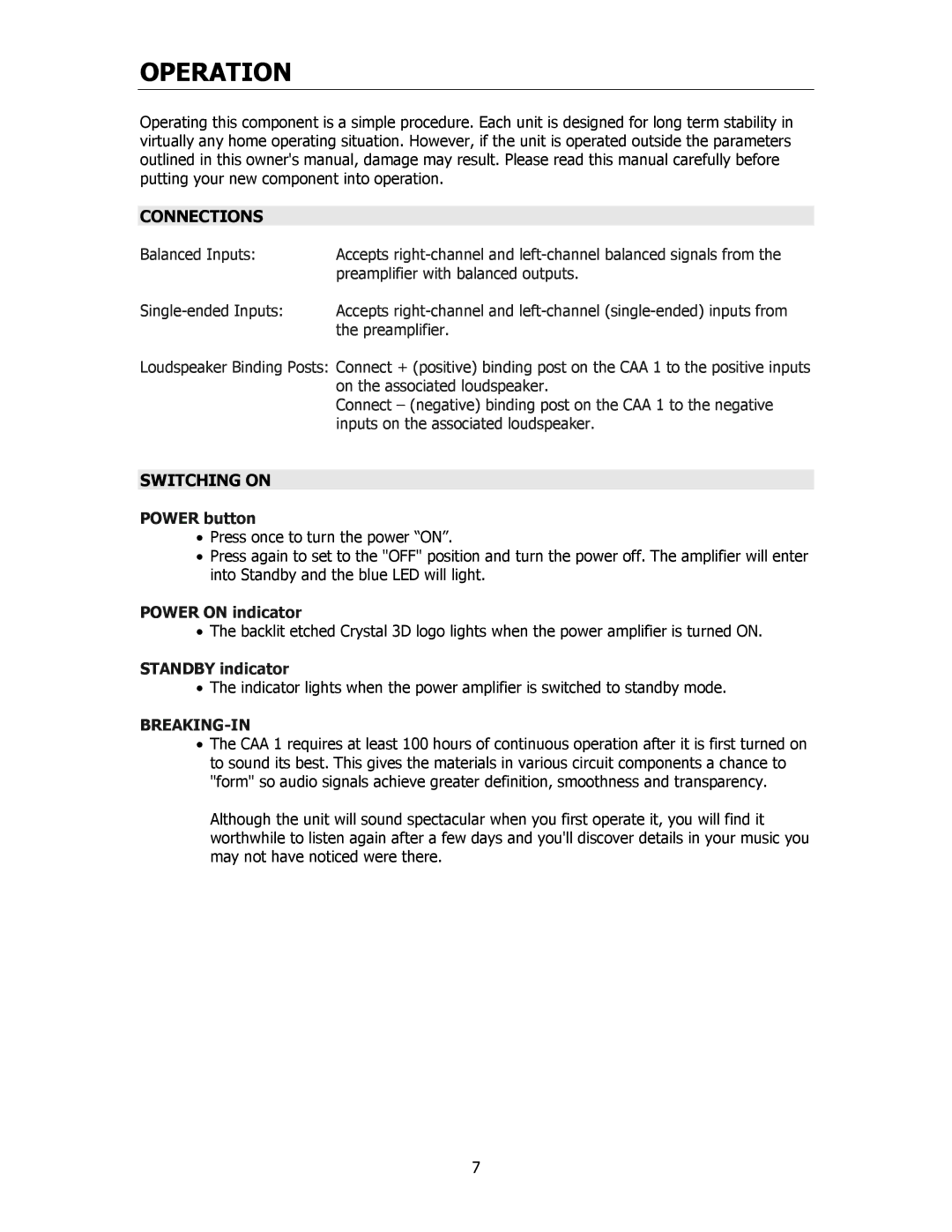 Cary Audio Design CAA 1 owner manual Operation, Connections, Switching on, Breaking-In 