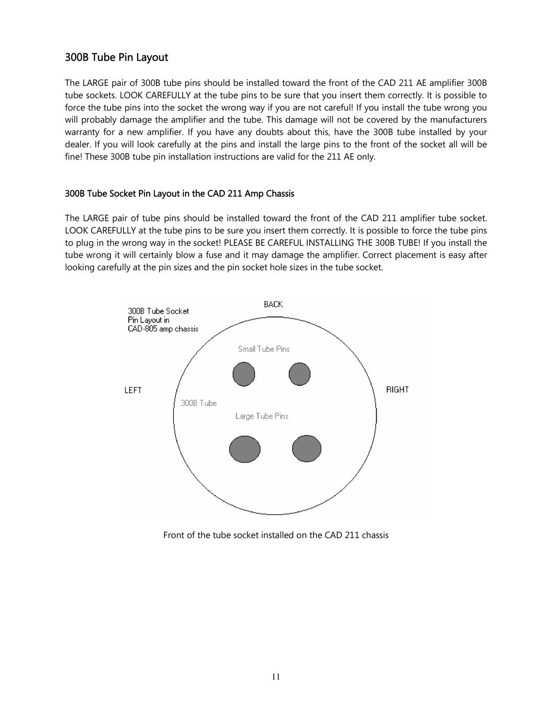 Cary Audio Design CAD 211 AE owner manual 300B Tube Pin Layout, 300B Tube Socket Pin Layout in the CAD 211 Amp Chassis 