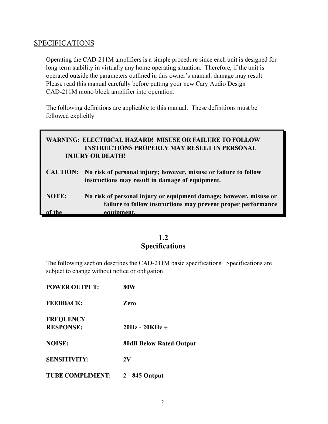 Cary Audio Design CAD-211M specifications Specifications 