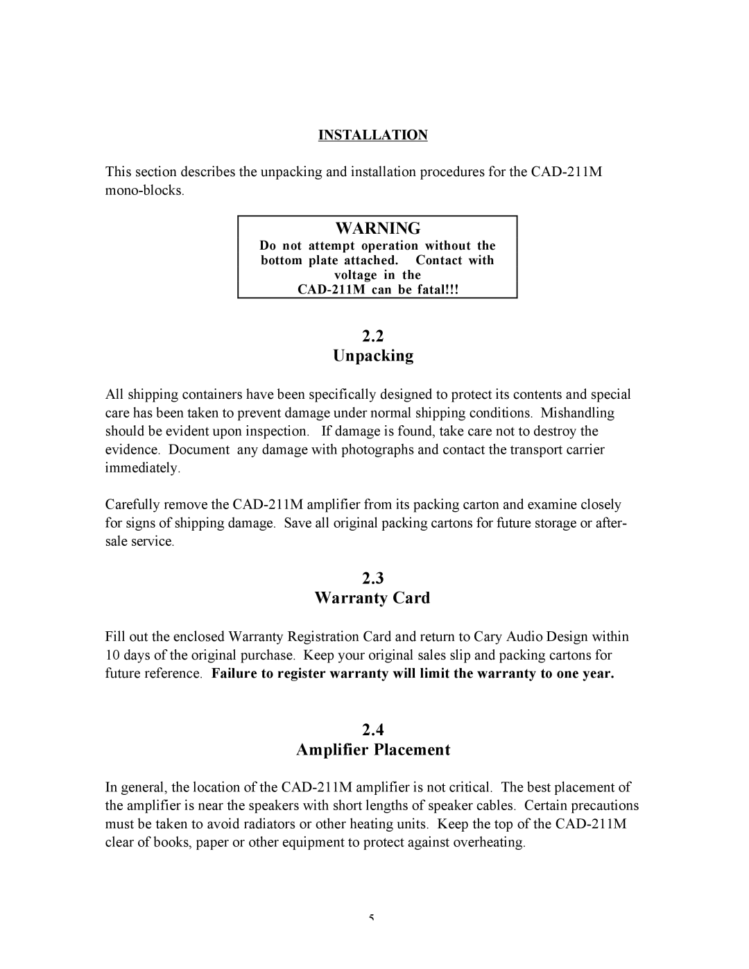 Cary Audio Design CAD-211M specifications Unpacking, Warranty Card, Amplifier Placement, Installation 