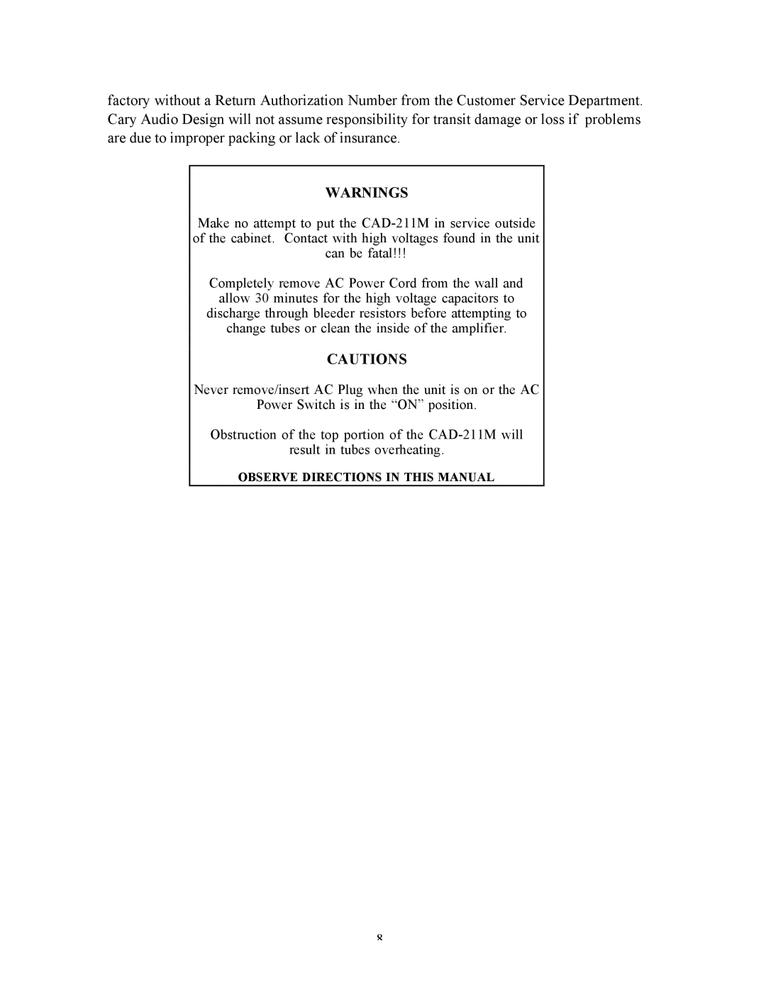 Cary Audio Design CAD-211M specifications Observe Directions in this Manual 