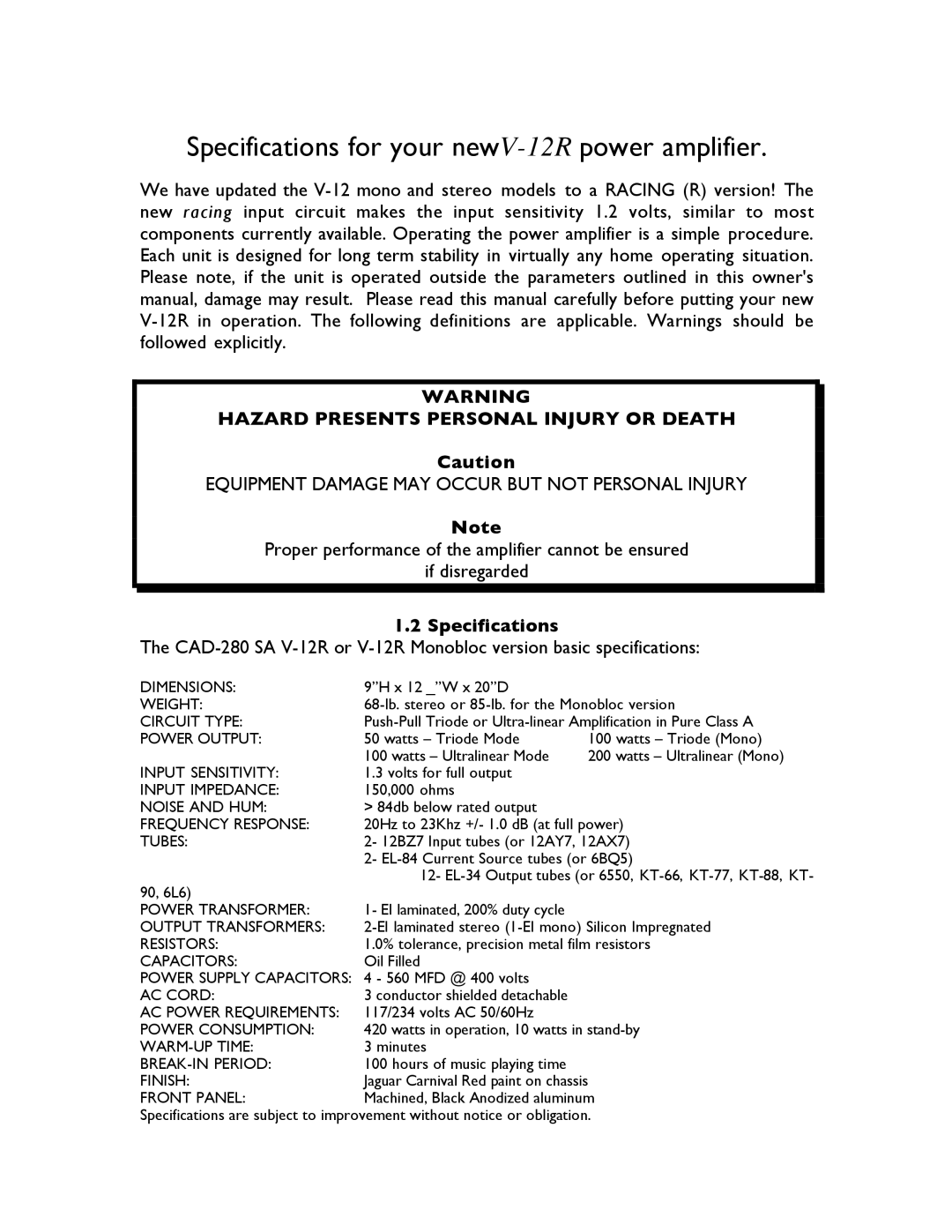 Cary Audio Design CAD-280SA operation manual Hazard Presents Personal Injury or Death, Specifications 