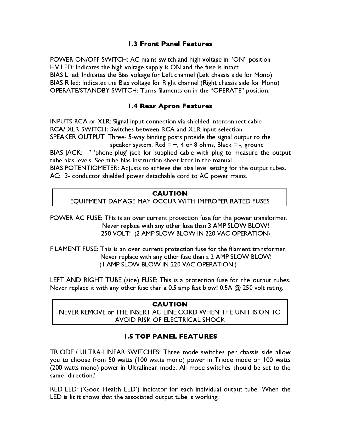 Cary Audio Design CAD-280SA operation manual Front Panel Features, Rear Apron Features, TOP Panel Features 