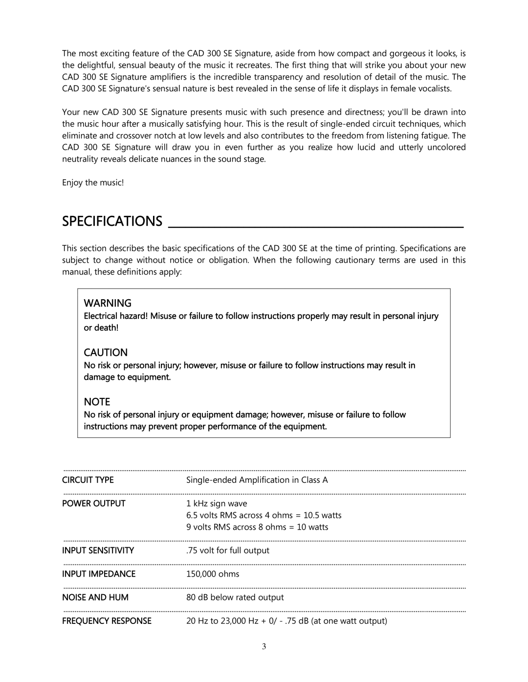 Cary Audio Design CAD 300 SE owner manual Specifications, Power Output, Frequency Response 