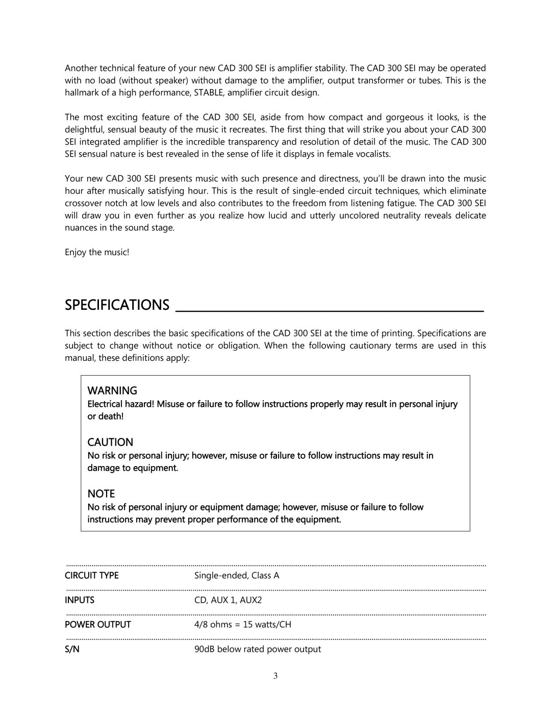 Cary Audio Design CAD 300 owner manual Specifications, Circuit Type, Inputs, Power Output 