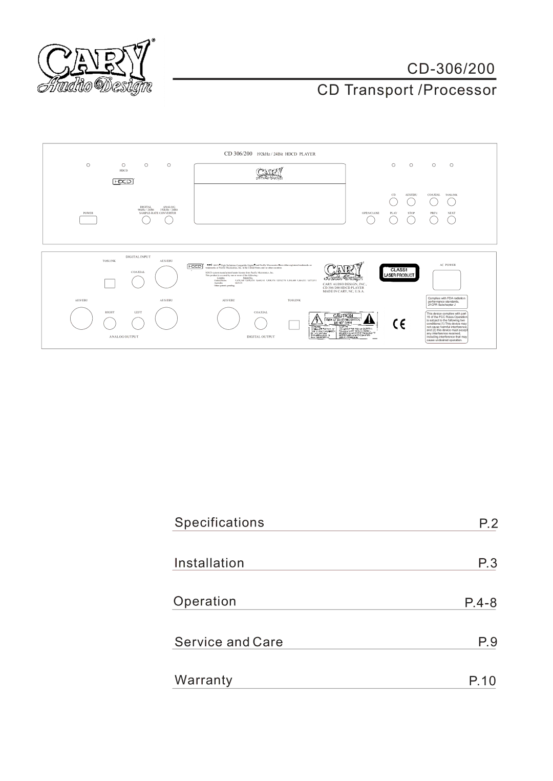 Cary Audio Design CD 200, CD 306 specifications CD-306/200 CD Transport /Processor 