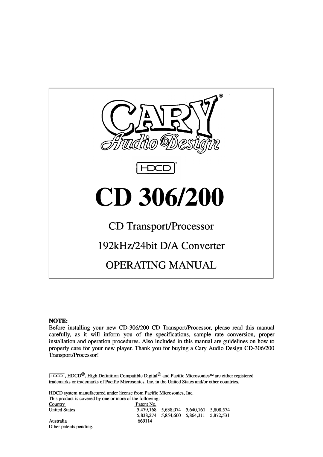 Cary Audio Design specifications CD 306/200, CD Transport/Processor 192kHz/24bit D/A Converter, Operating Manual 