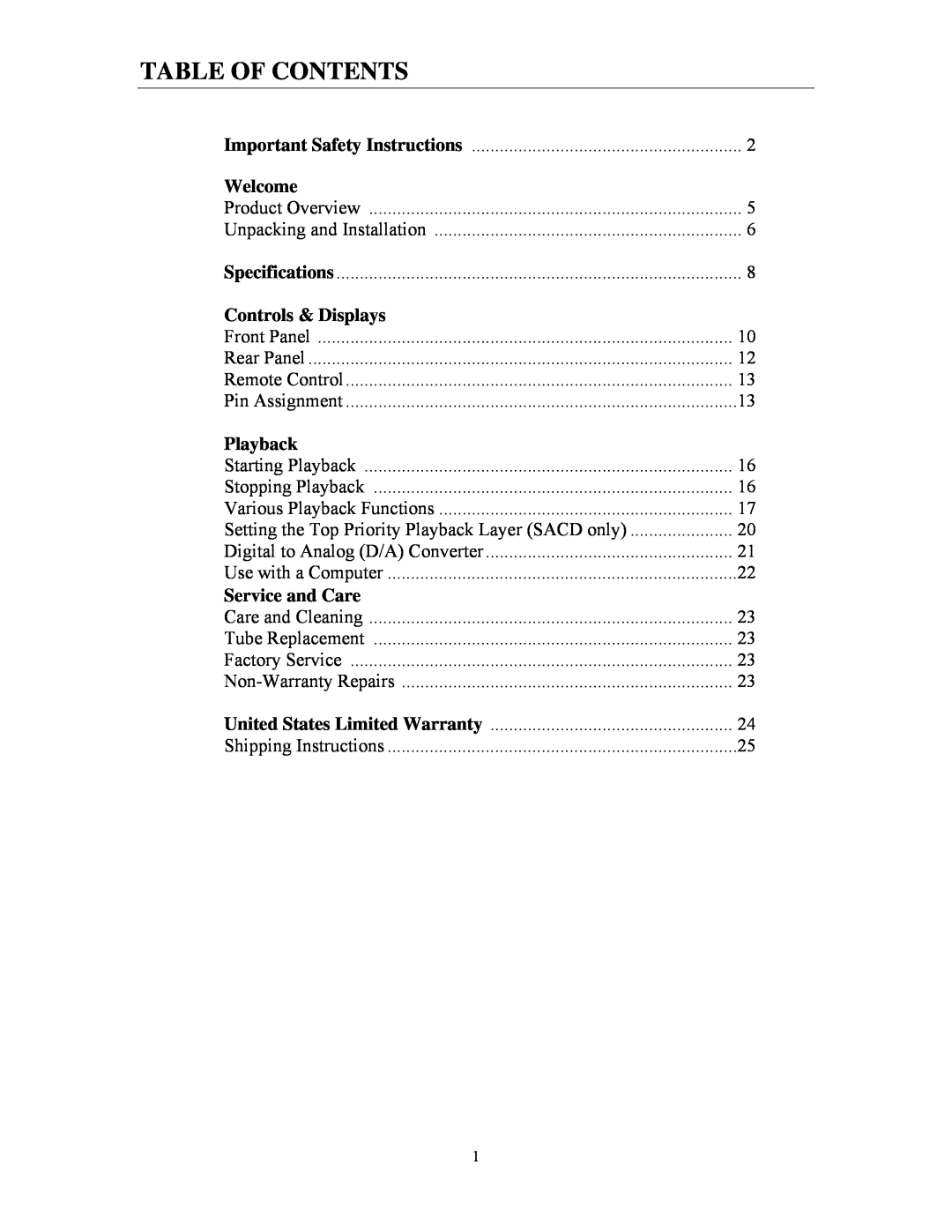 Cary Audio Design CD 303T SACD specifications Table Of Contents, Welcome, Controls & Displays, Playback, Service and Care 