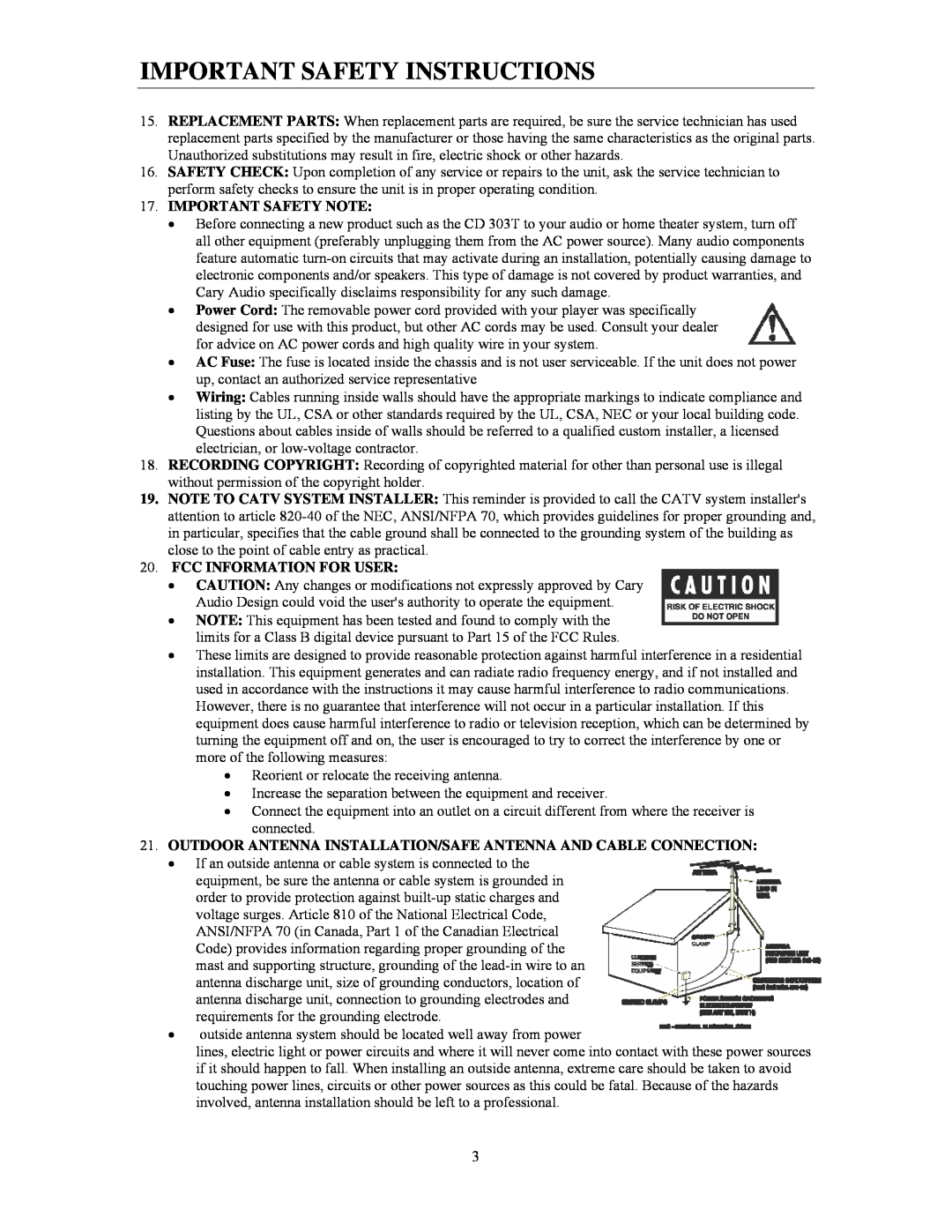 Cary Audio Design CD 303T SACD Important Safety Instructions, Important Safety Note, Fcc Information For User 
