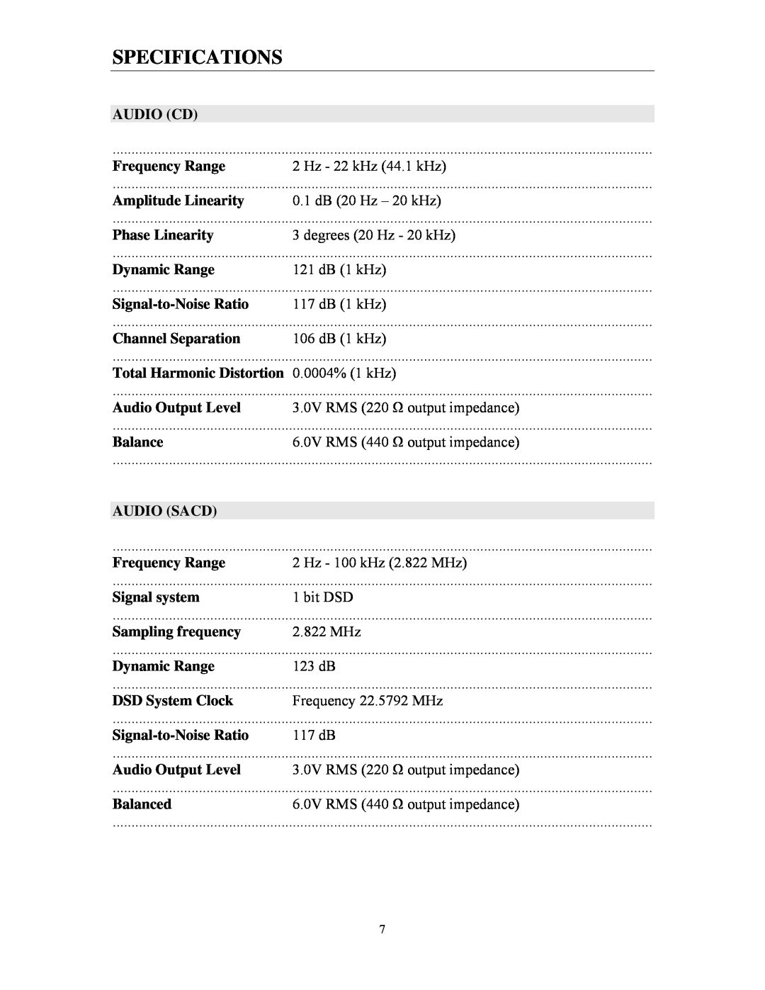 Cary Audio Design CD 303T SACD specifications Specifications, Audio Cd 