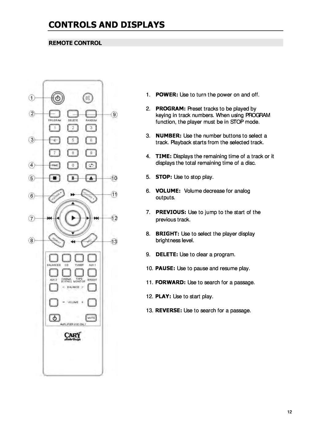 Cary Audio Design CD-500 owner manual Controls And Displays, Remote Control 