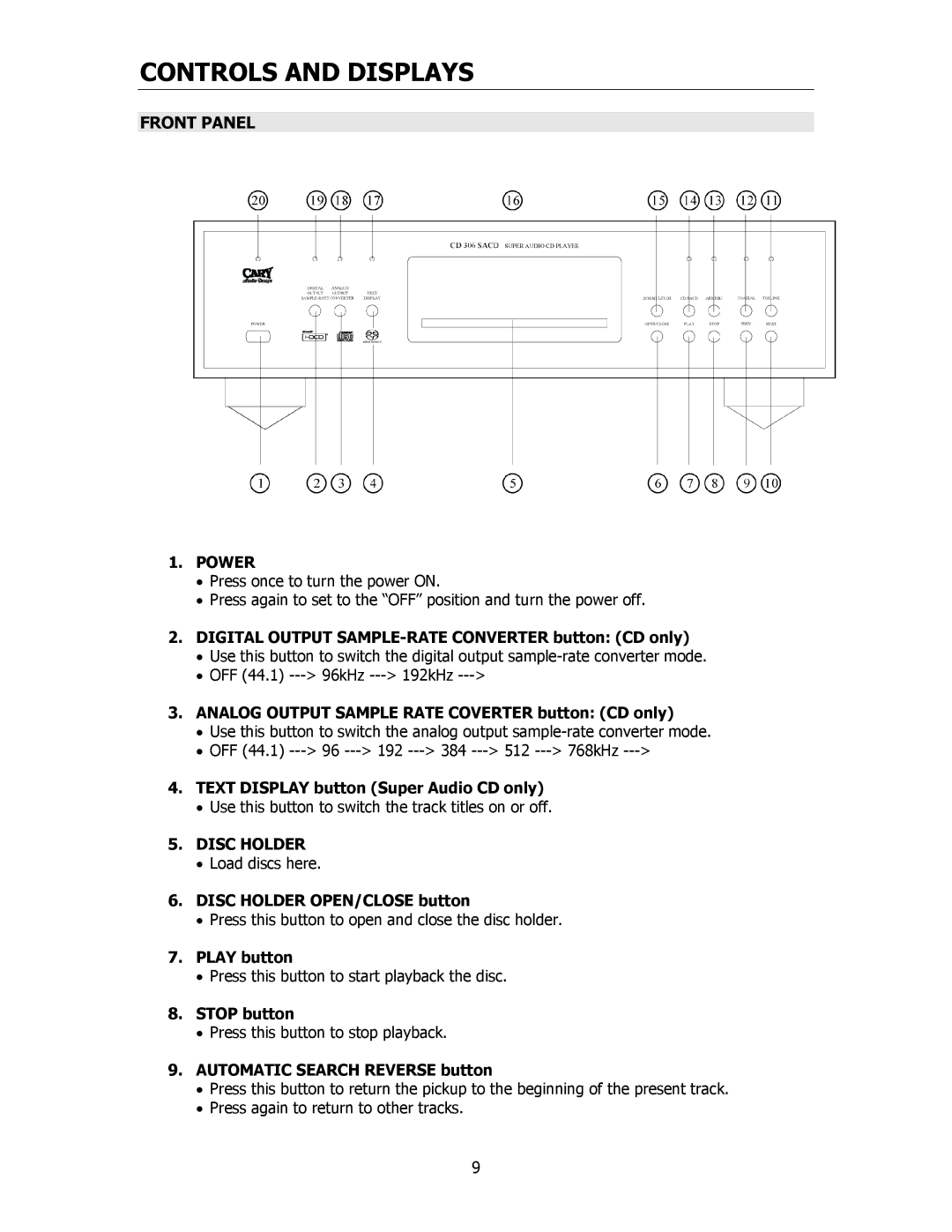 Cary Audio Design CD306SACD owner manual Controls and Displays, Front Panel, Power, Disc Holder 