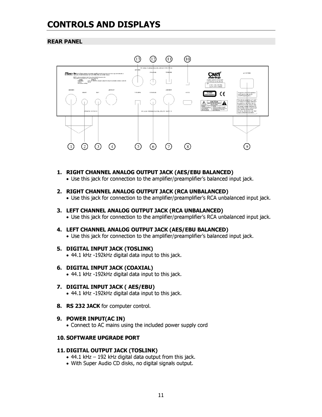 Cary Audio Design CD306SACD owner manual Rear Panel 