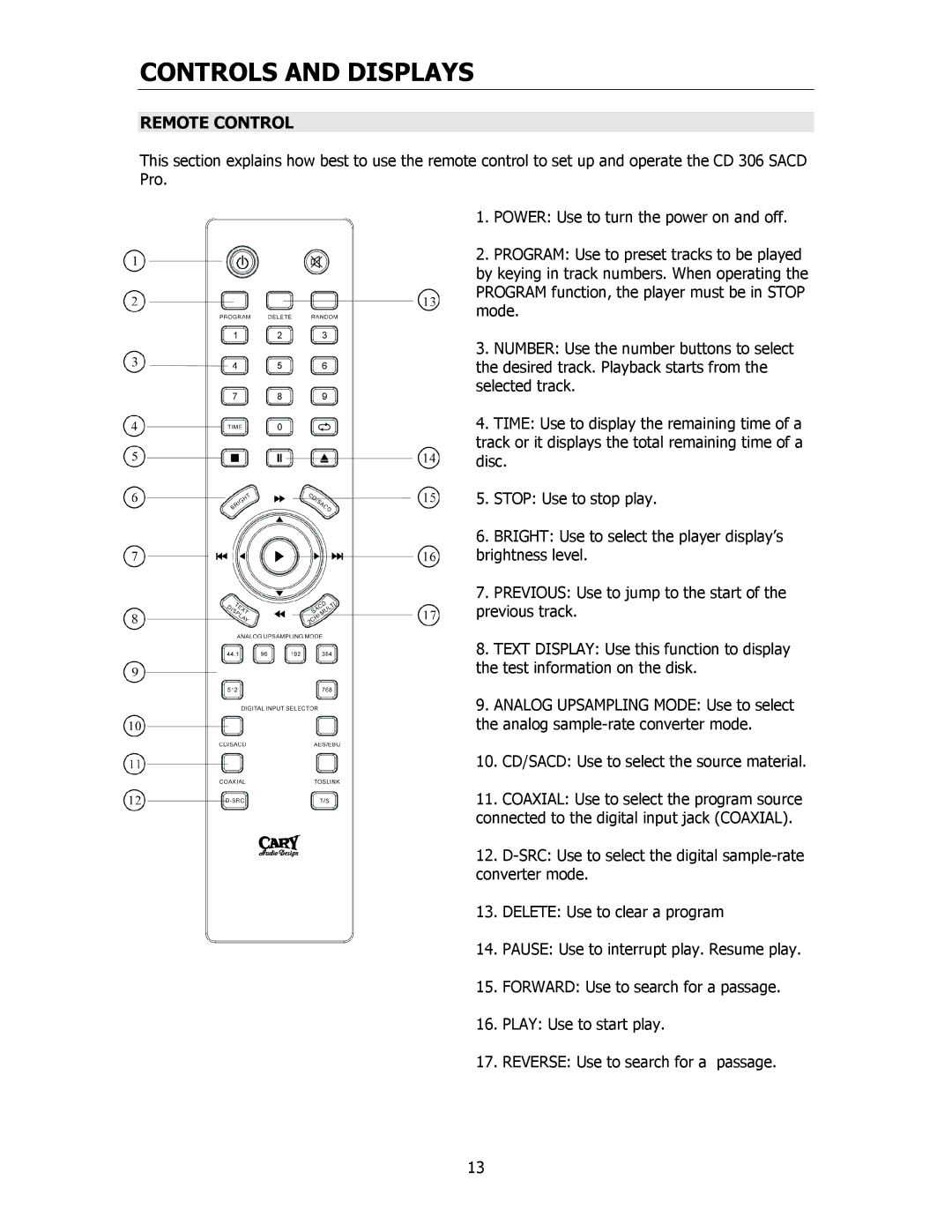 Cary Audio Design CD306SACD owner manual Remote Control 