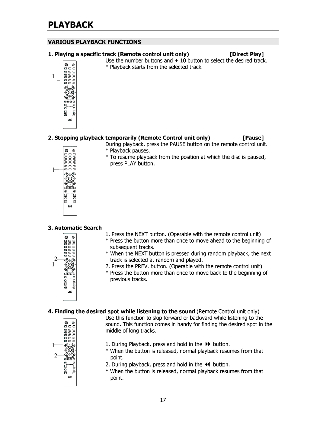 Cary Audio Design CD306SACD Various Playback Functions, Stopping playback temporarily Remote Control unit onlyPause 