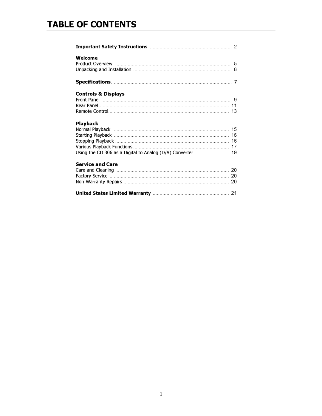 Cary Audio Design CD306SACD owner manual Table of Contents 