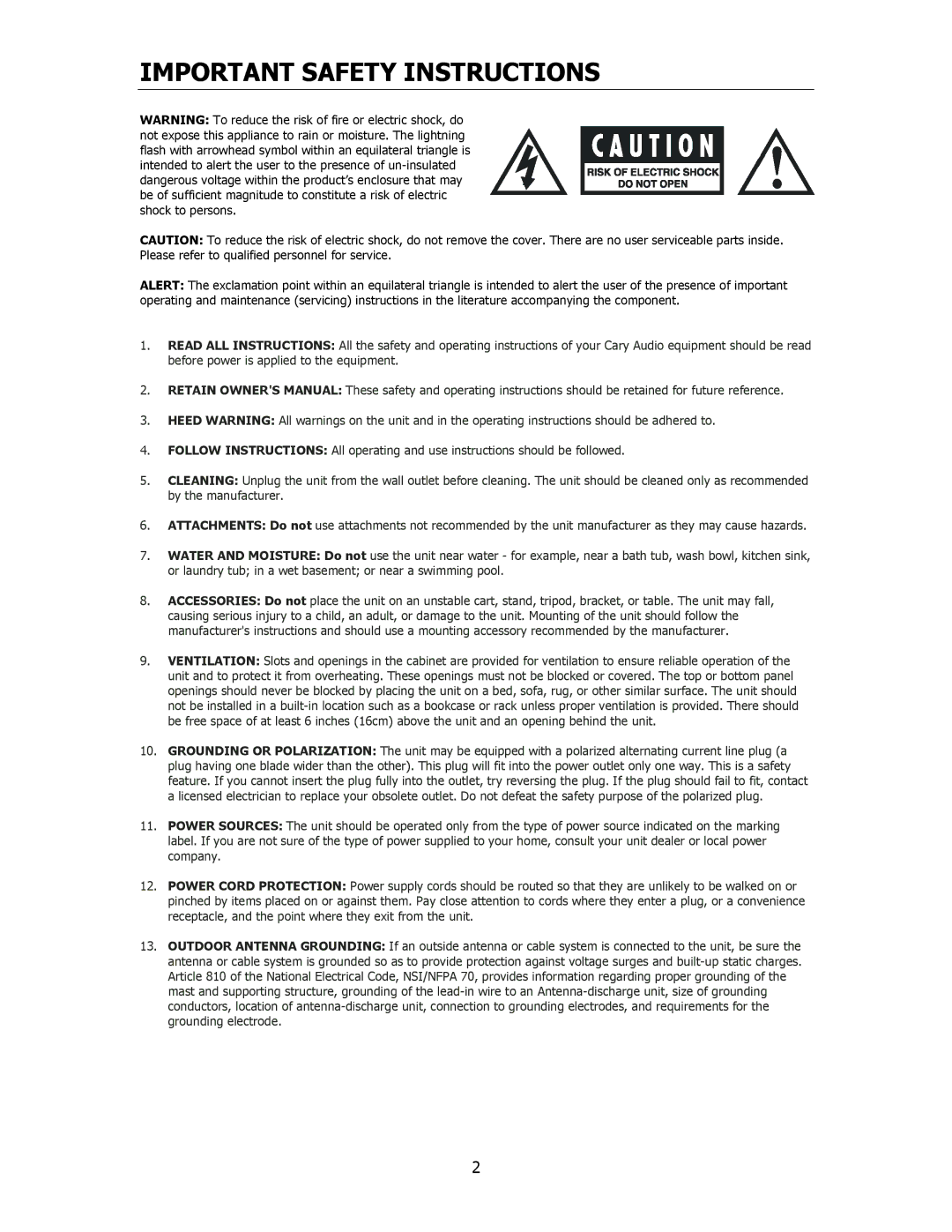 Cary Audio Design CD306SACD owner manual Important Safety Instructions 