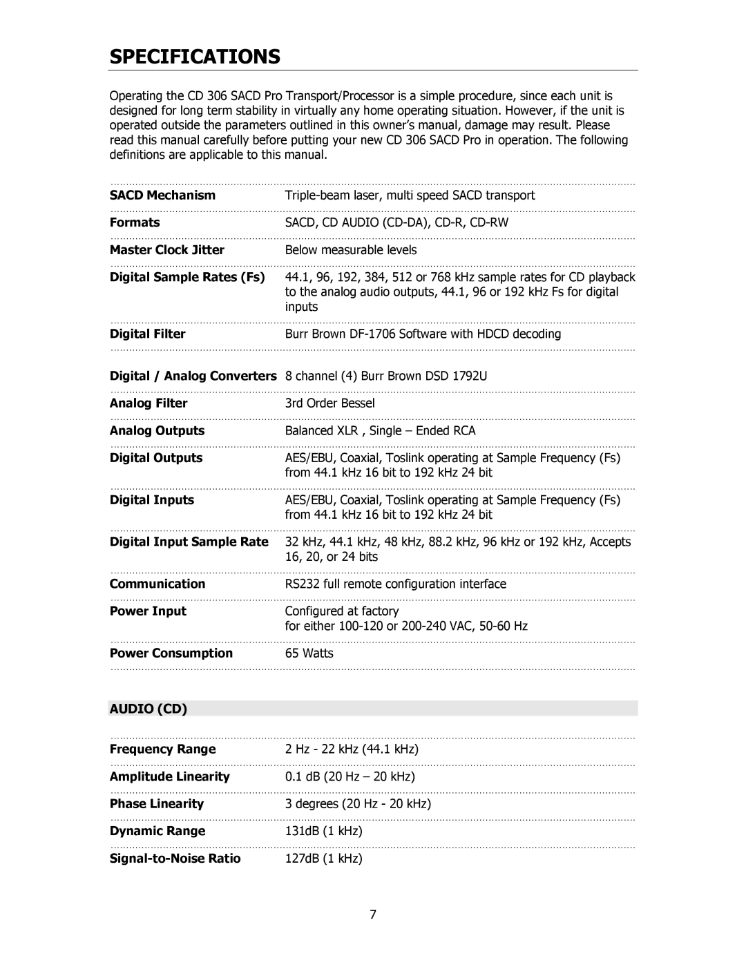 Cary Audio Design CD306SACD owner manual Specifications, Audio CD 