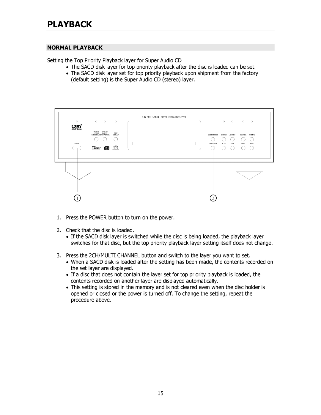 Cary Audio Design CD306SACD owner manual Normal Playback 
