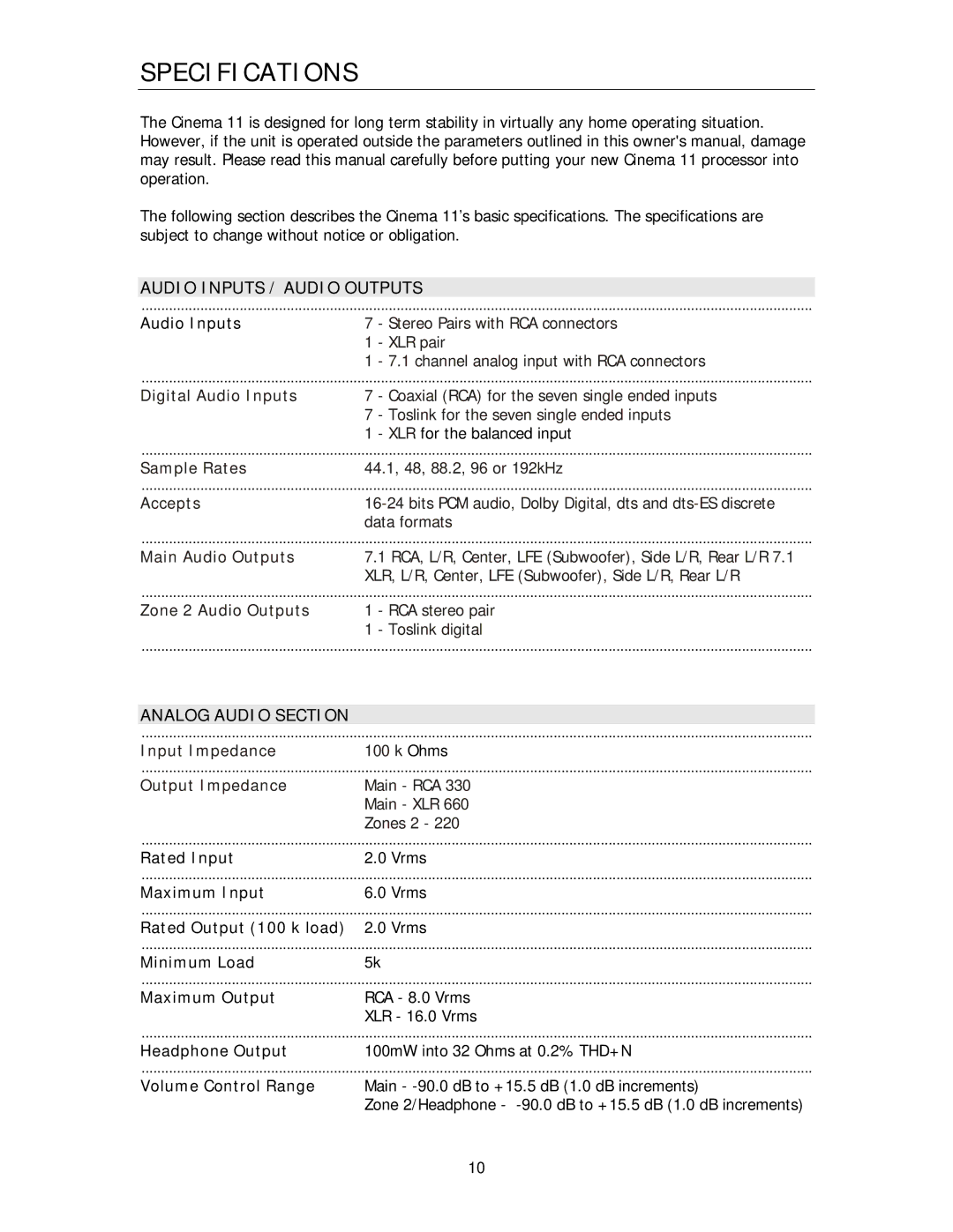 Cary Audio Design Cinema 11 owner manual Specifications, Audio Inputs / Audio Outputs, Analog Audio Section 