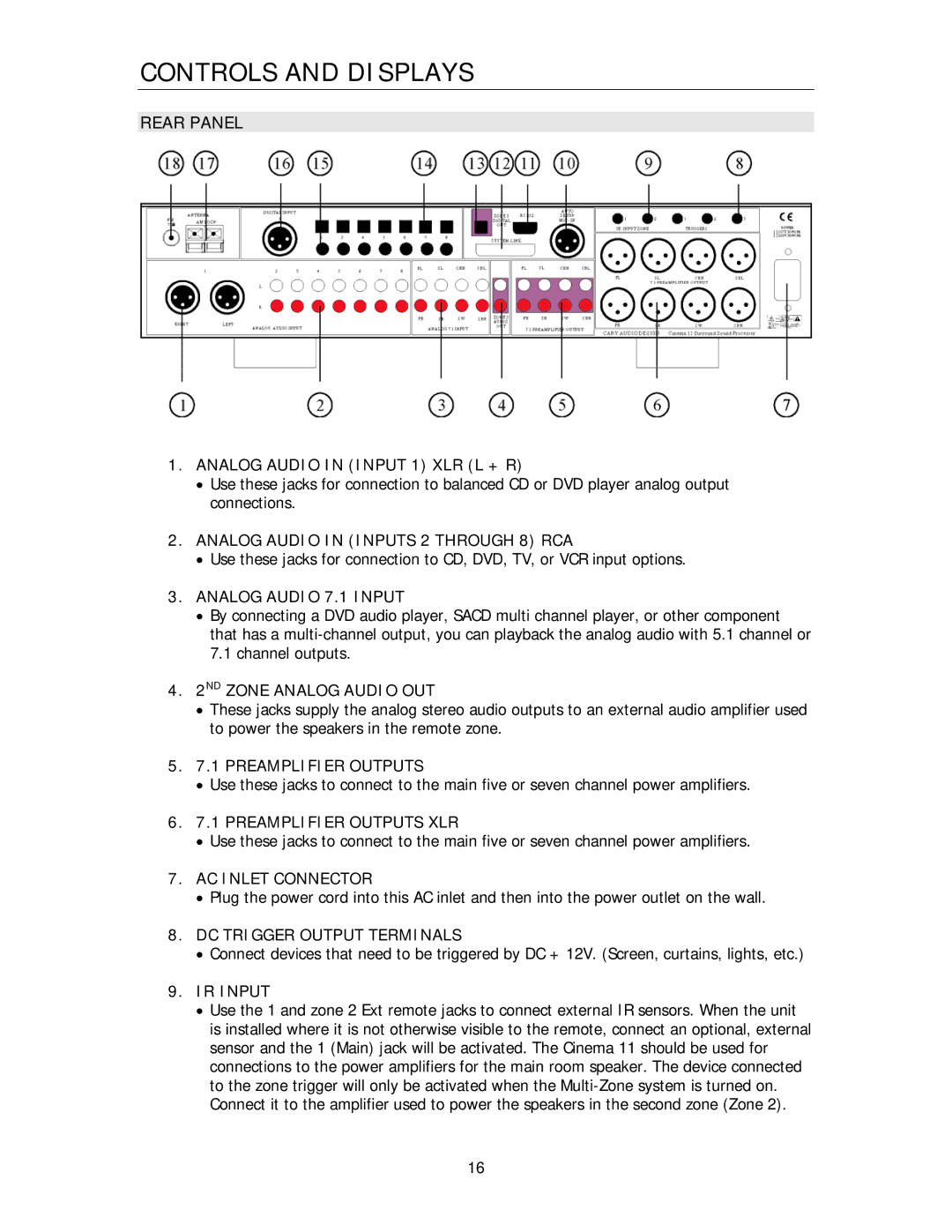 Cary Audio Design Cinema 11 owner manual Rear Panel, Analog Audio 7.1 Input 