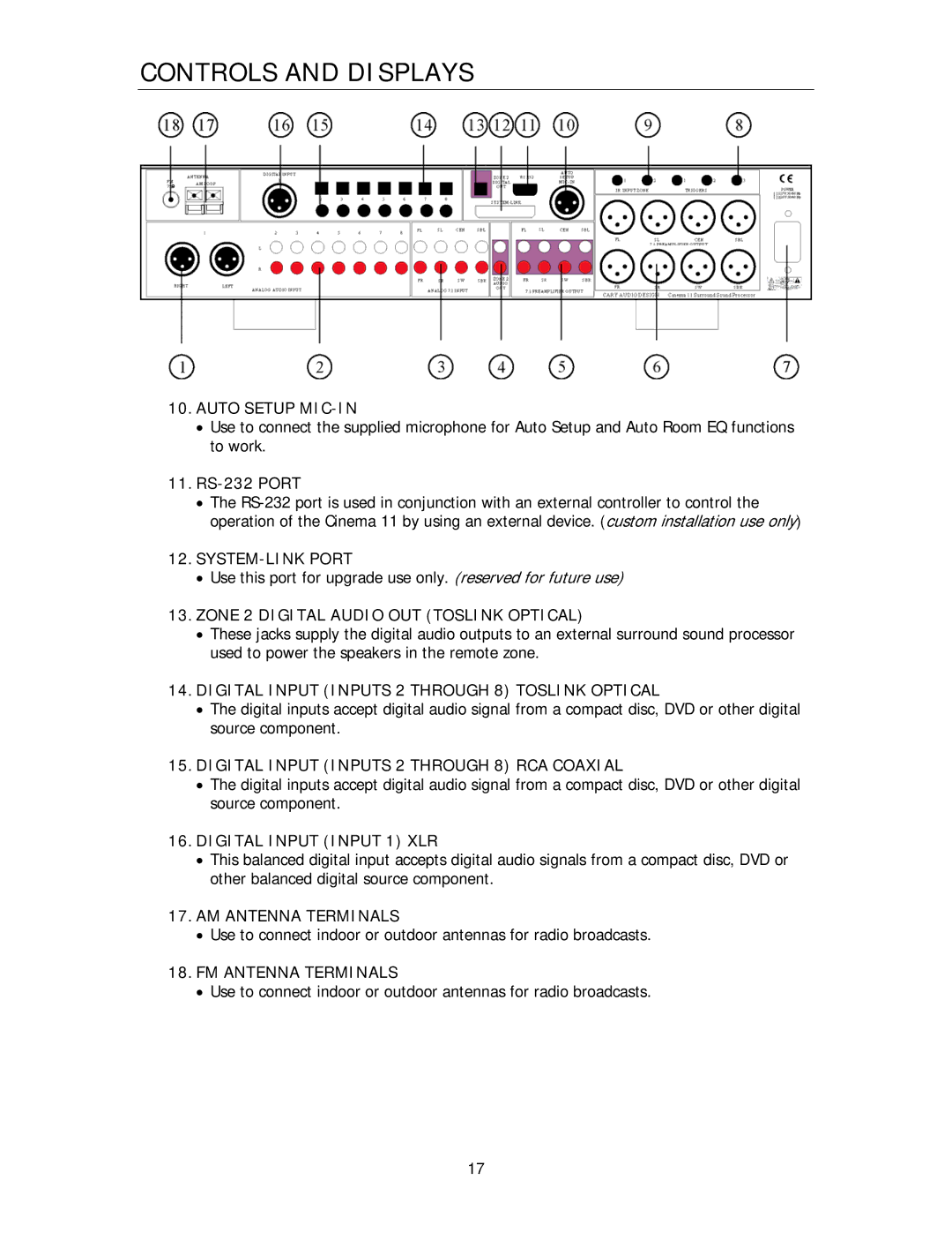 Cary Audio Design Cinema 11 owner manual Auto Setup MIC-IN, RS-232 Port 