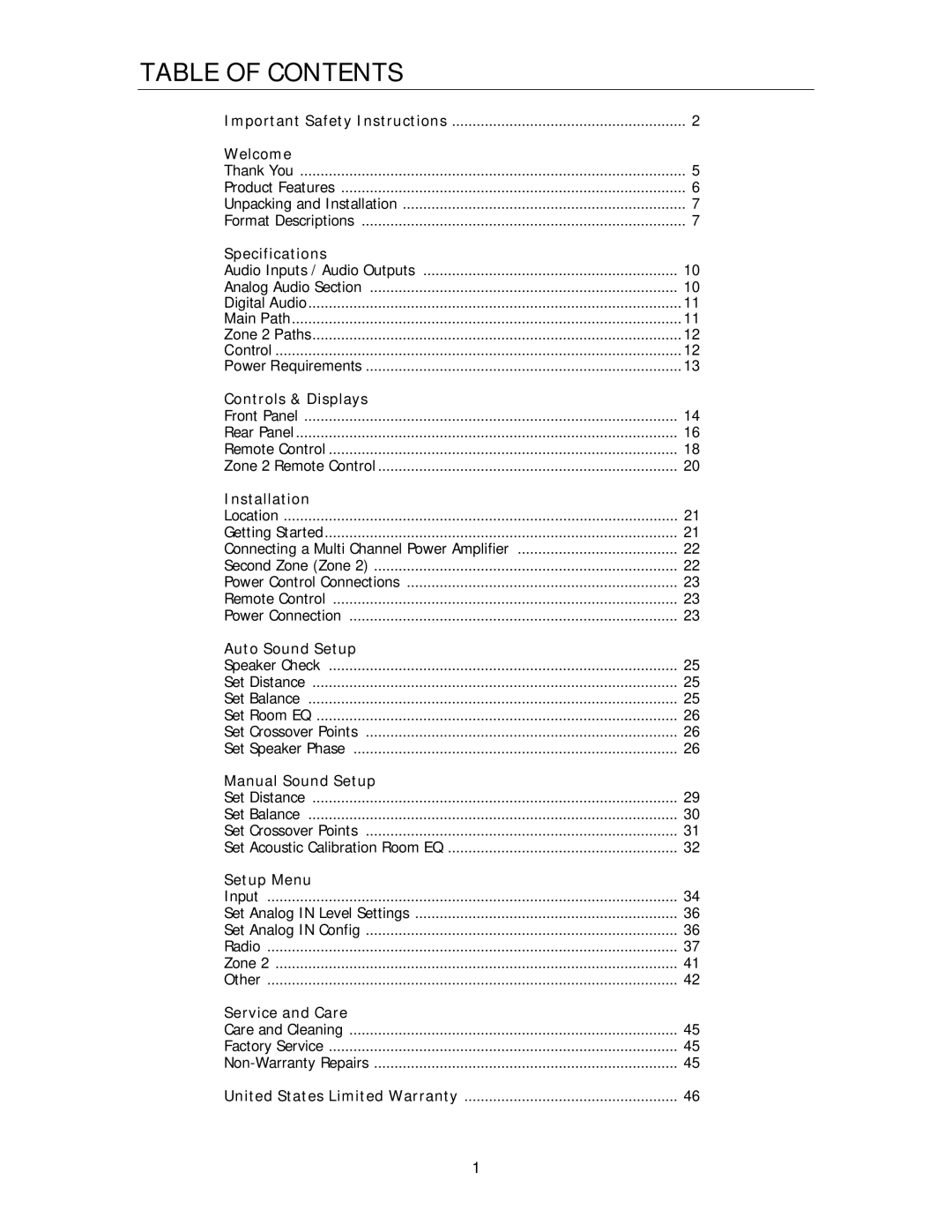 Cary Audio Design Cinema 11 owner manual Table of Contents 