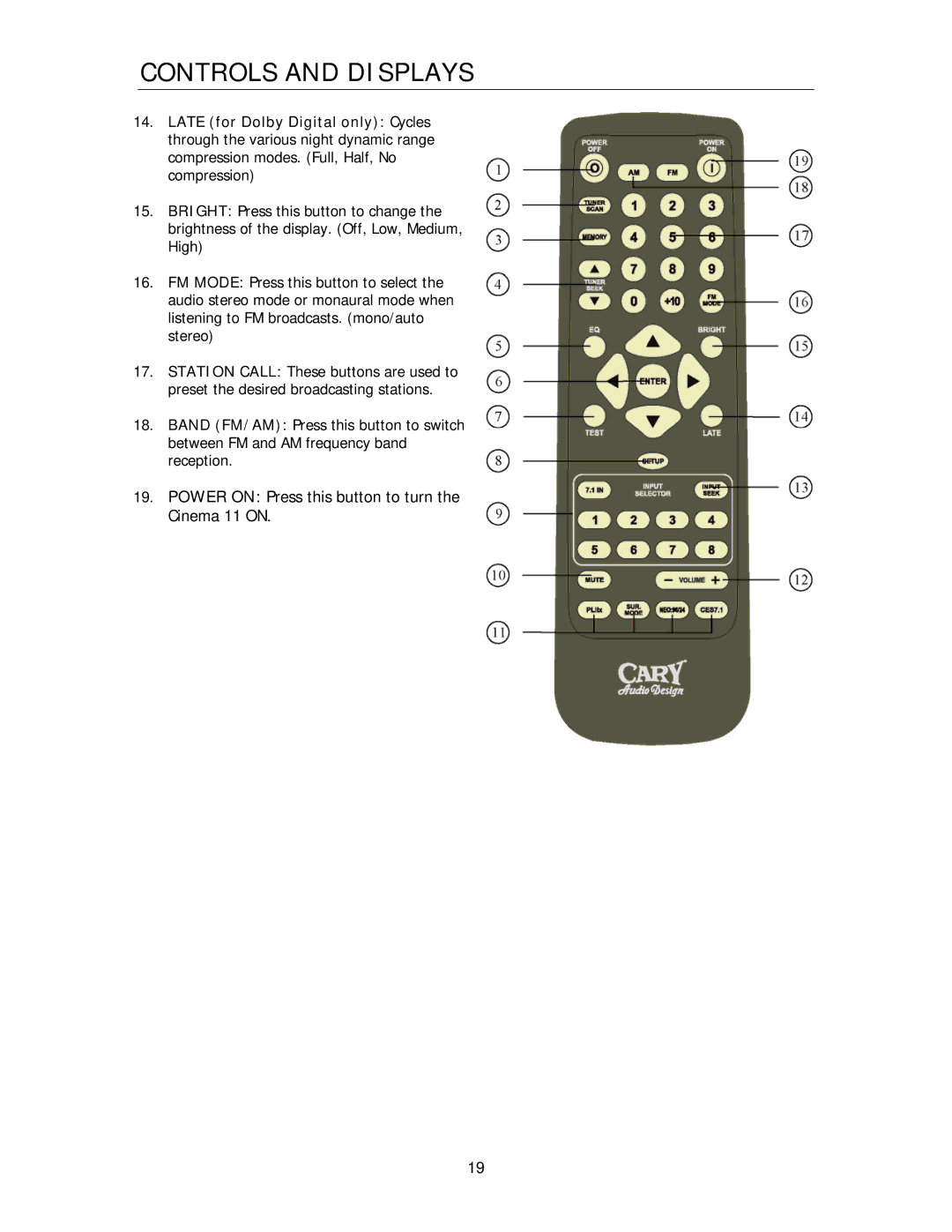 Cary Audio Design Cinema 11 owner manual Controls and Displays 