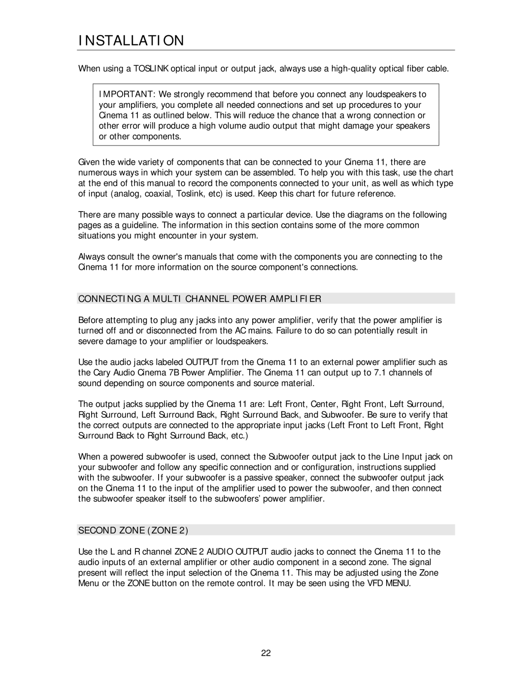 Cary Audio Design Cinema 11 owner manual Connecting a Multi Channel Power Amplifier, Second Zone Zone 