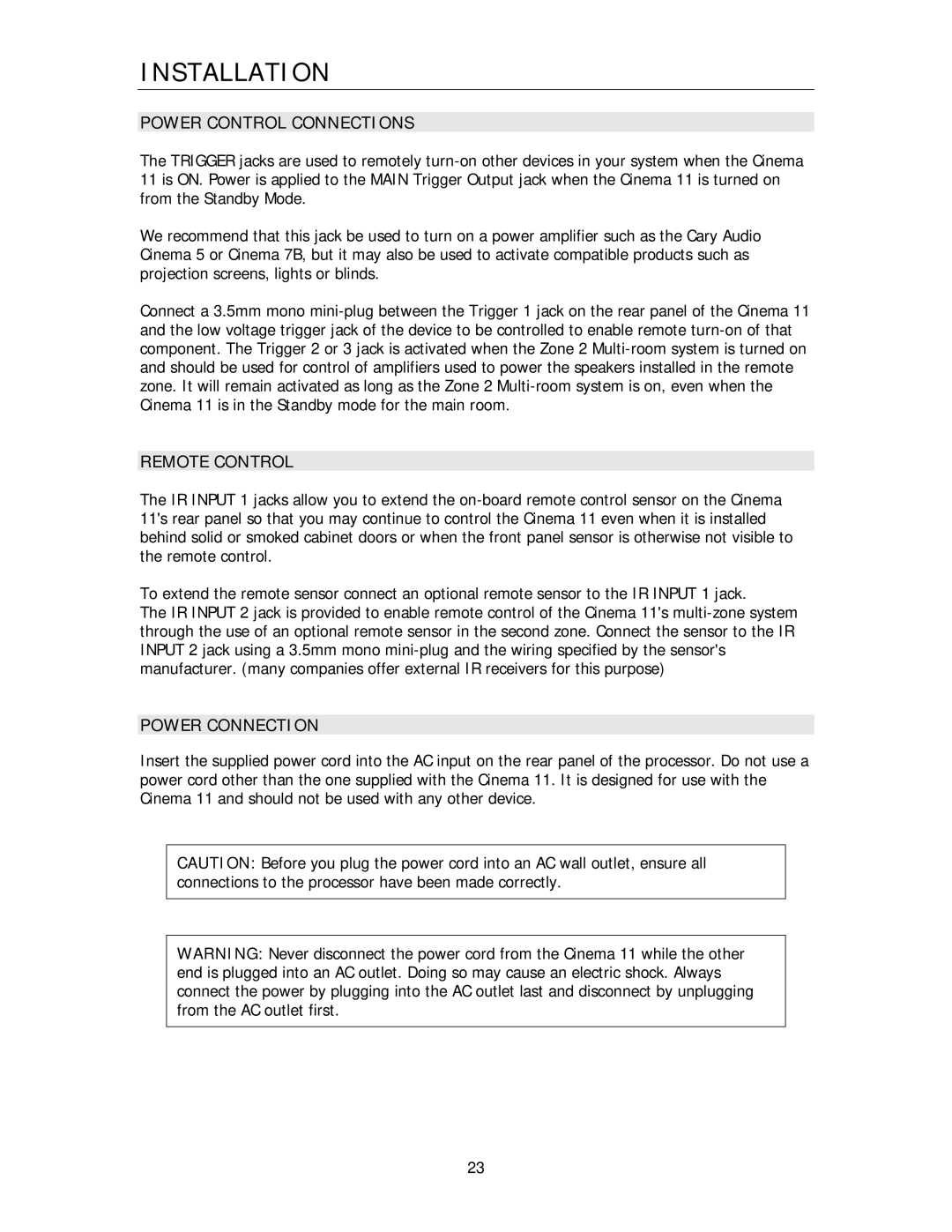 Cary Audio Design Cinema 11 owner manual Power Control Connections, Power Connection 