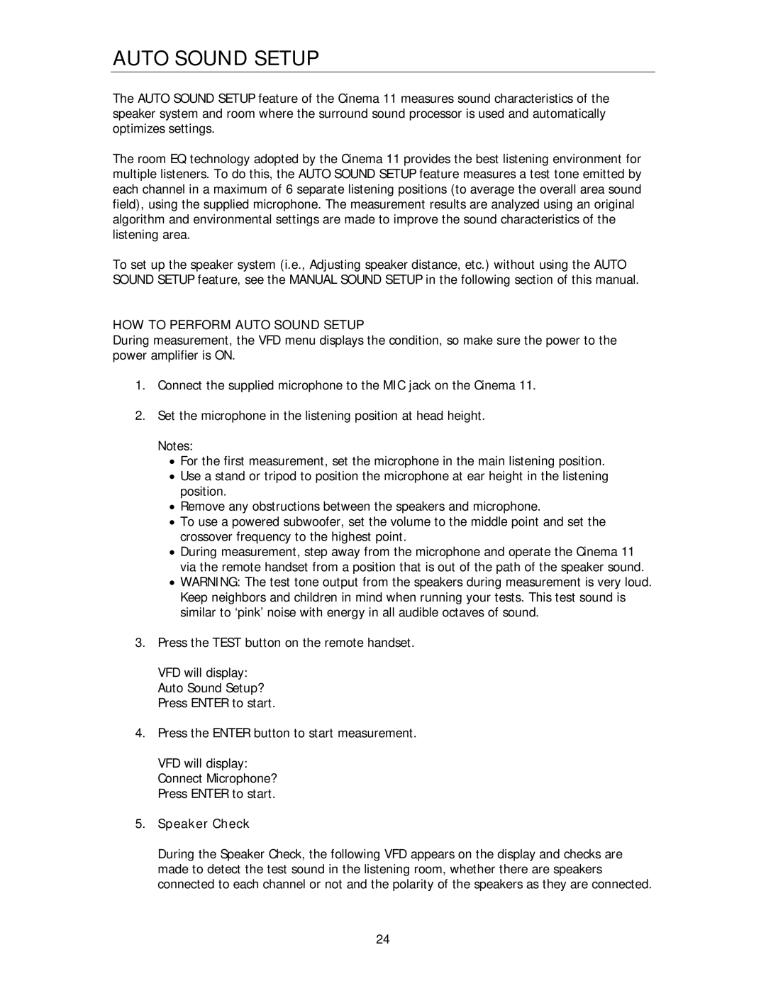 Cary Audio Design Cinema 11 owner manual Auto Sound Setup, Speaker Check 