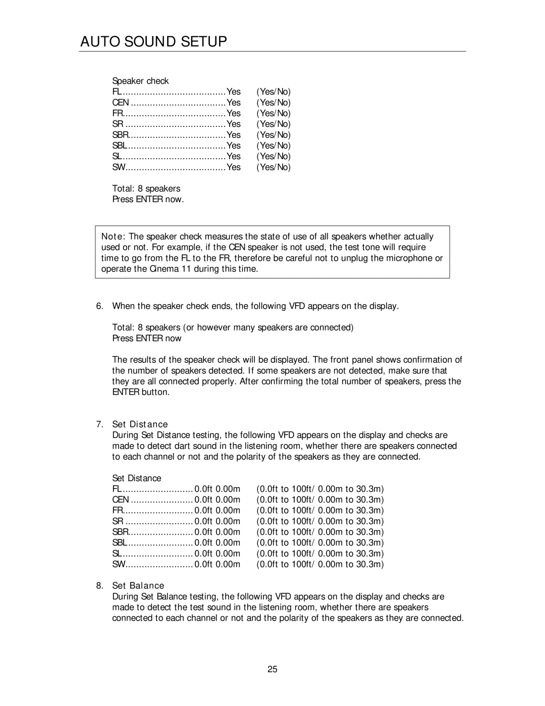 Cary Audio Design Cinema 11 owner manual Cen, Sbr, Sbl, Set Distance, Set Balance 