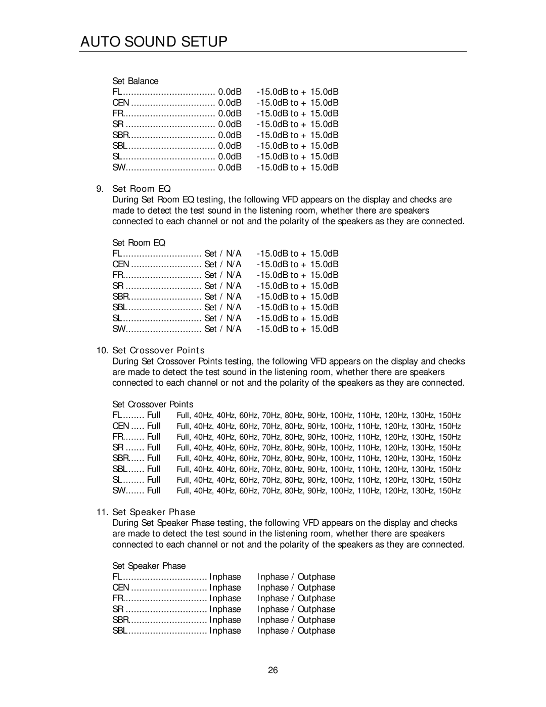 Cary Audio Design Cinema 11 owner manual Set Room EQ, Set Crossover Points, Set Speaker Phase 