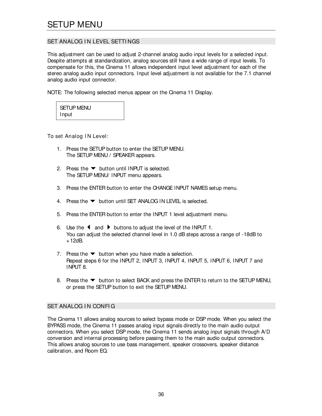 Cary Audio Design Cinema 11 owner manual SET Analog in Level Settings, SET Analog in Config, To set Analog in Level 