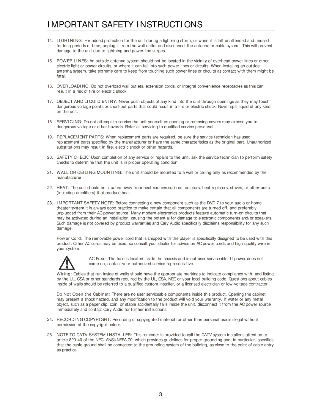 Cary Audio Design Cinema 11 owner manual Important Safety Instructions 