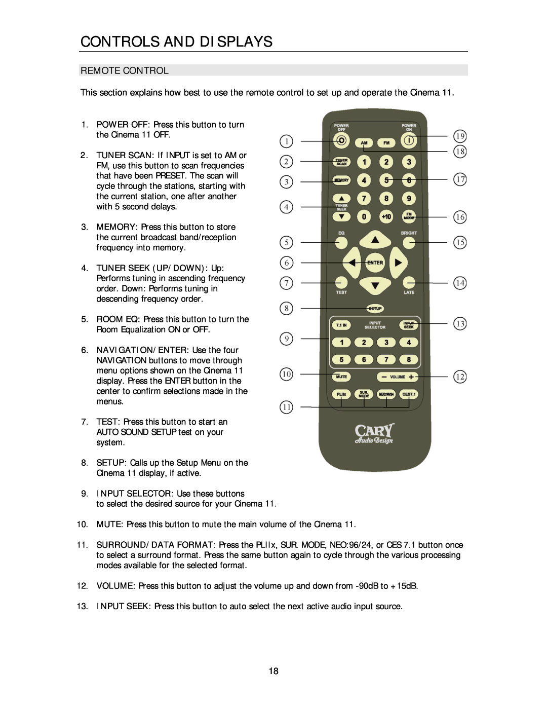 Cary Audio Design Cinema 11 owner manual Remote Control, Controls And Displays 
