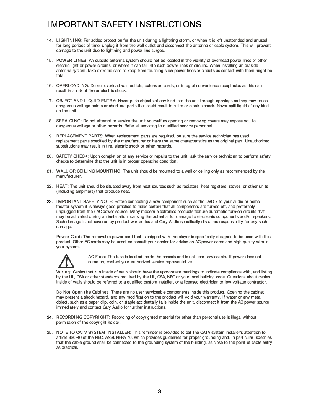 Cary Audio Design Cinema 11 owner manual Important Safety Instructions 