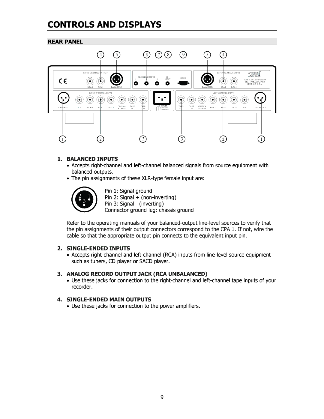 Cary Audio Design CPA 1 Rear Panel, Balanced Inputs, SINGLE-ENDED Inputs, Analog Record Output Jack RCA Unbalanced 