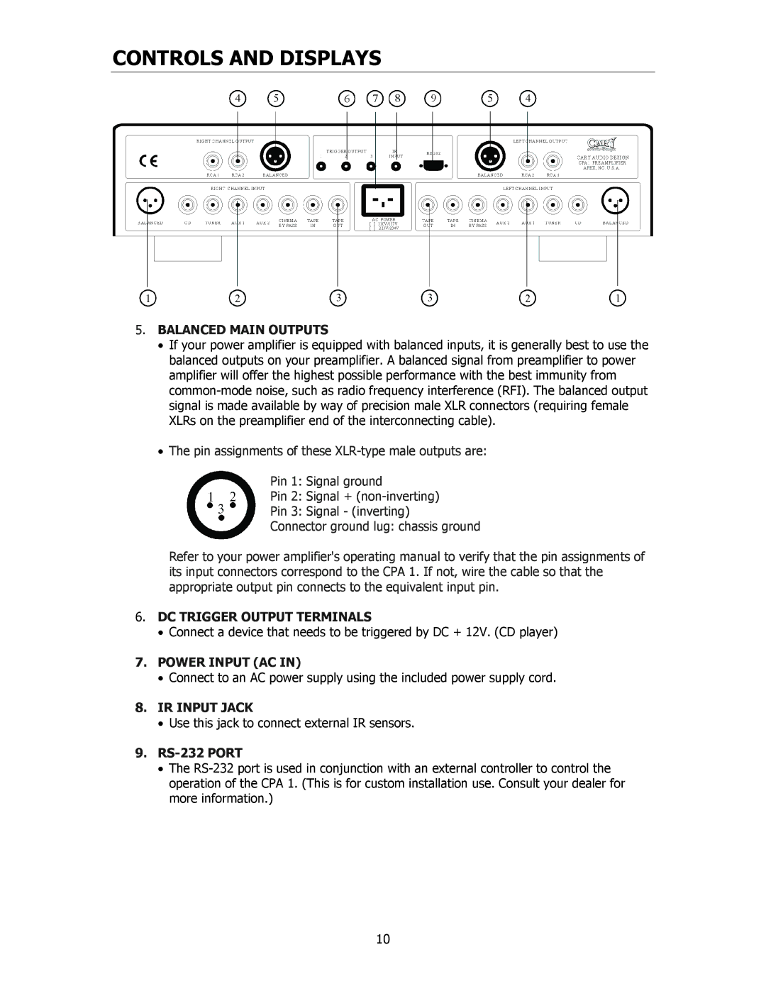 Cary Audio Design CPA 1 Balanced Main Outputs, DC Trigger Output Terminals, Power Input AC, IR Input Jack, RS-232 Port 