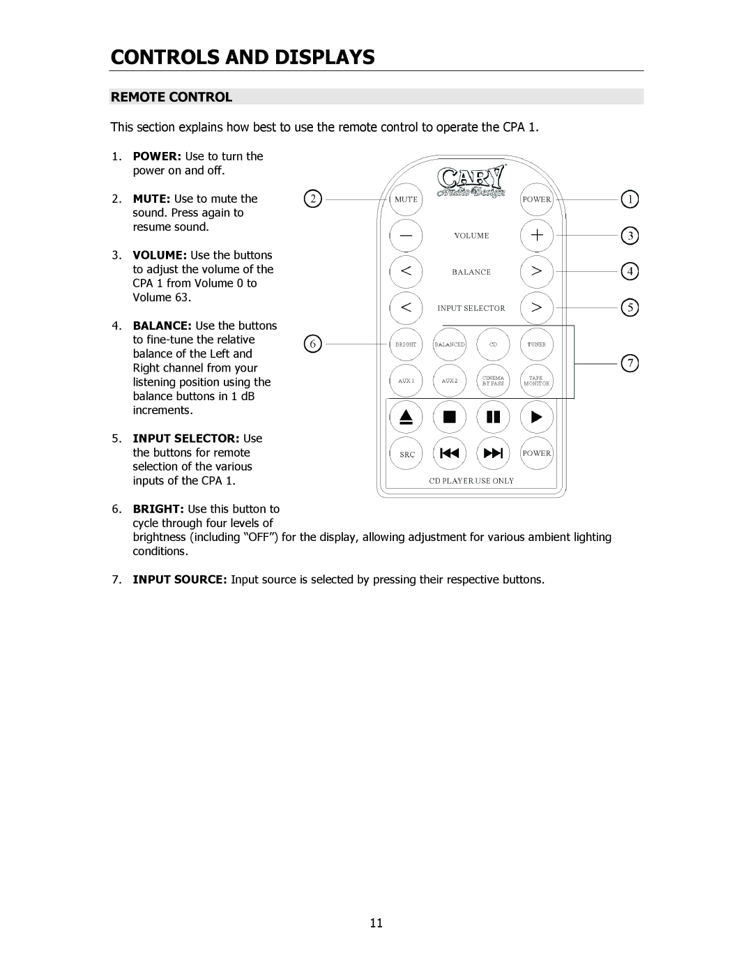 Cary Audio Design CPA 1 owner manual Remote Control 