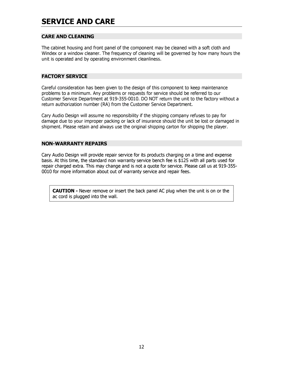 Cary Audio Design CPA 1 owner manual Service and Care, Care and Cleaning, Factory Service, NON-WARRANTY Repairs 