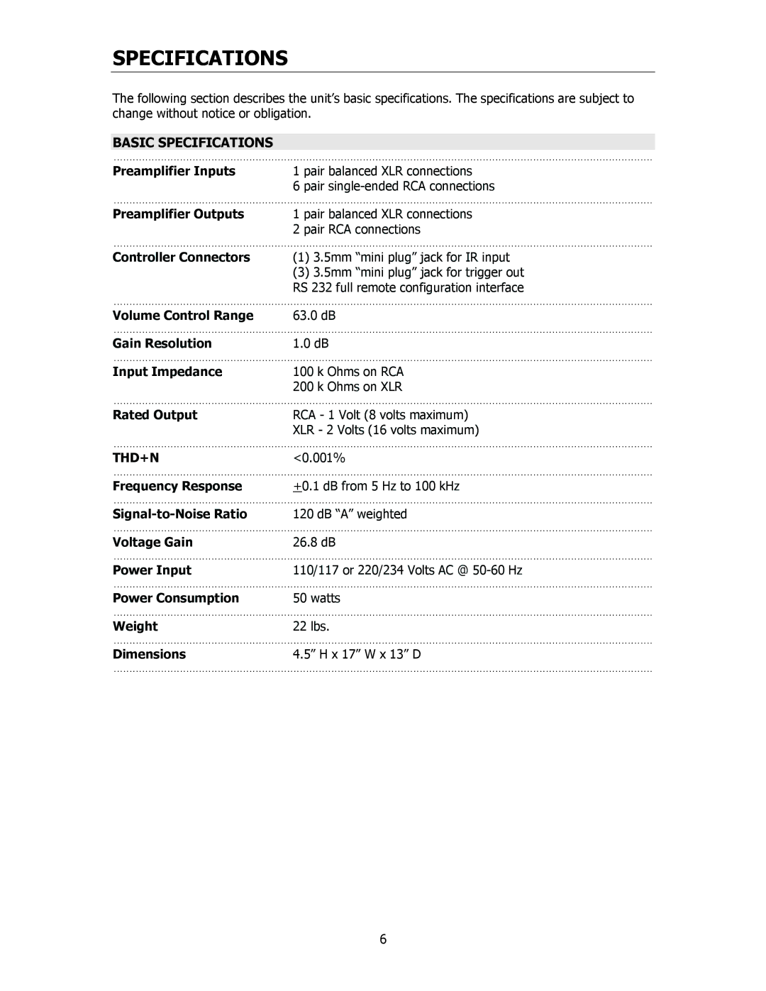 Cary Audio Design CPA 1 owner manual Basic Specifications, Thd+N 