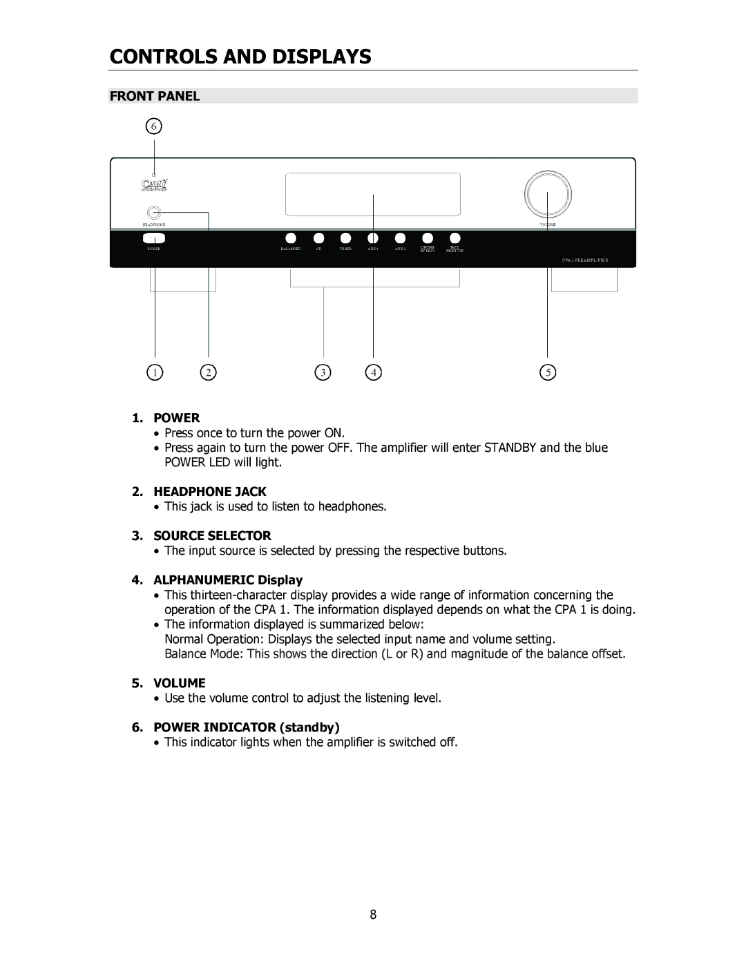 Cary Audio Design CPA 1 owner manual Controls and Displays, Front Panel 