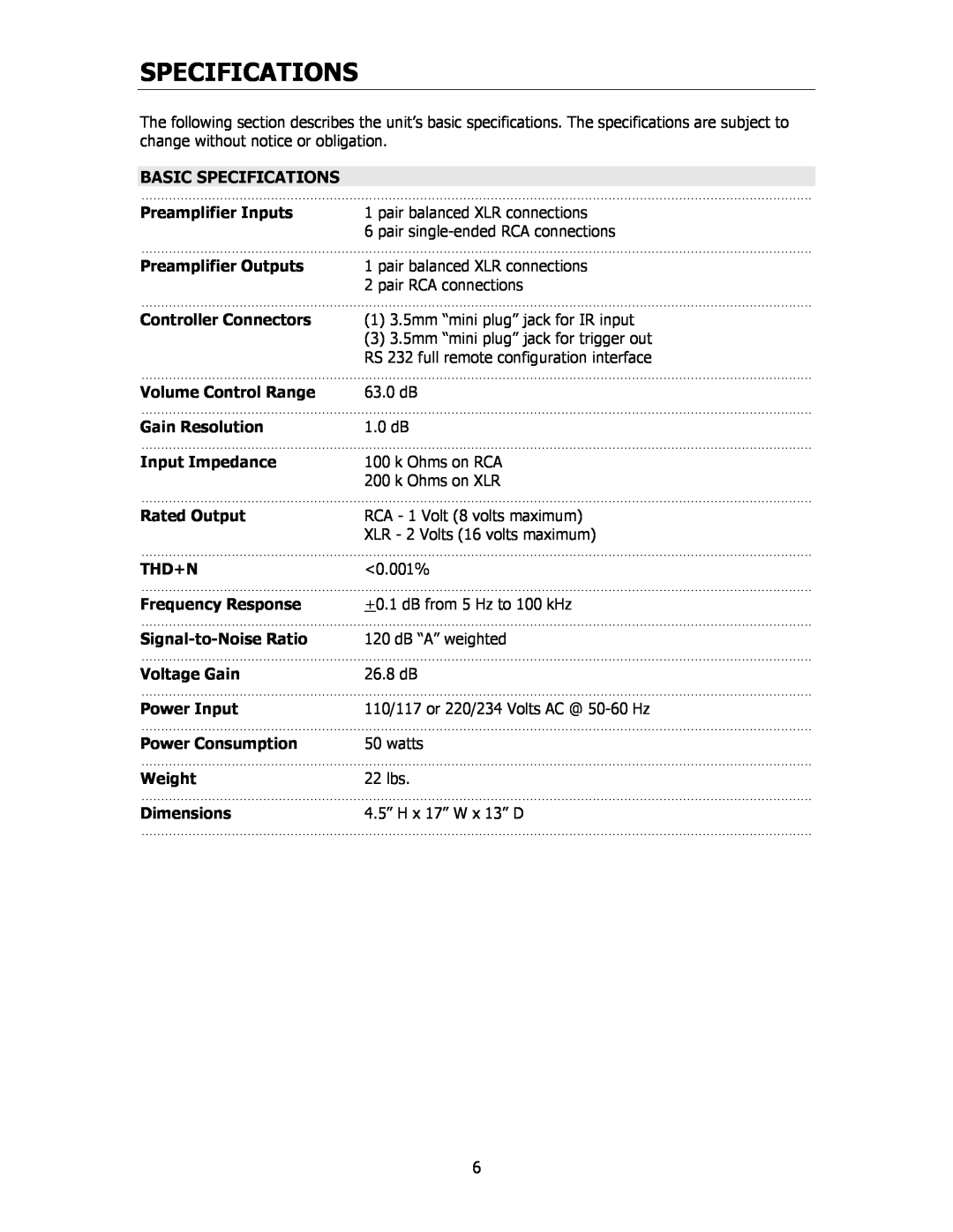 Cary Audio Design CPA 1 owner manual Basic Specifications 