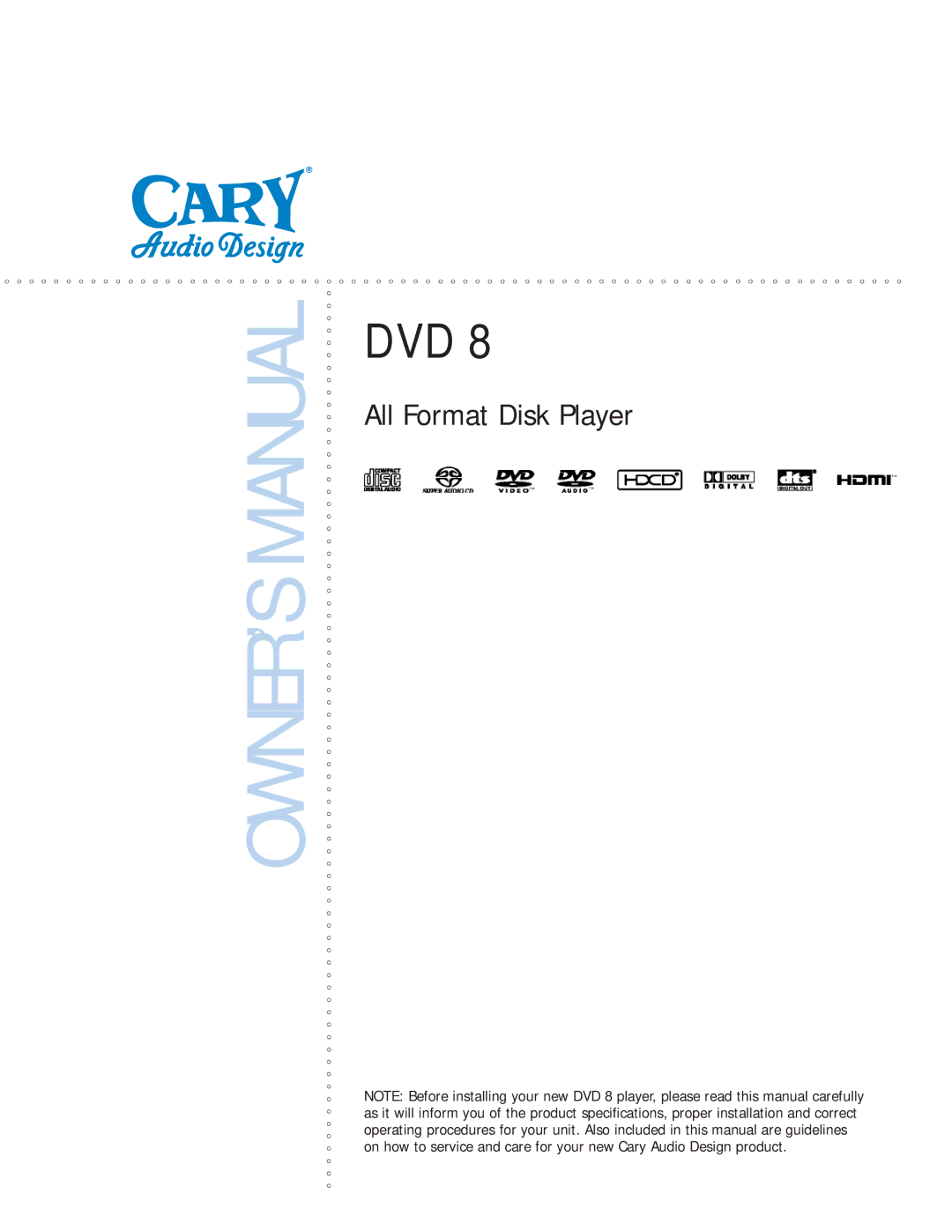 Cary Audio Design DVD 8 owner manual Dvd 