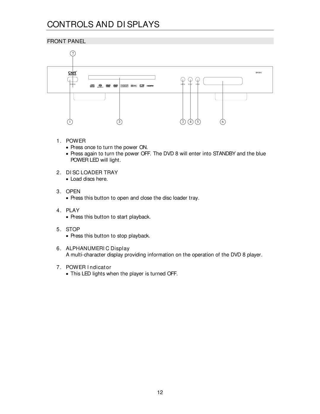 Cary Audio Design DVD 8 owner manual Controls and Displays, Front Panel 