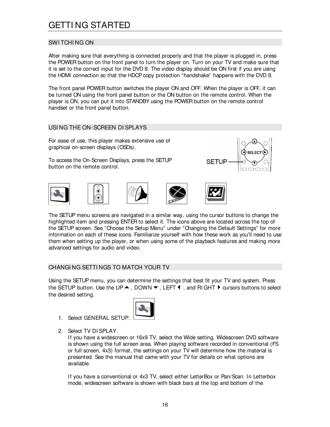 Cary Audio Design DVD 8 Getting Started, Switching on, Using the ON-SCREEN Displays, Changing Settings to Match Your TV 